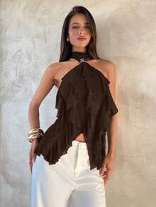 Aloruh Women's Elegant Multi-Layer Ruffle Trim Stand Collar Fitted Tank Top - Coffee Brown - View 7