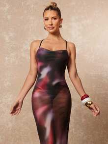 Lumalex 扎染印花网纱性感露背吊带长裙沙滩罩衫 - 彩色 - 查看 7