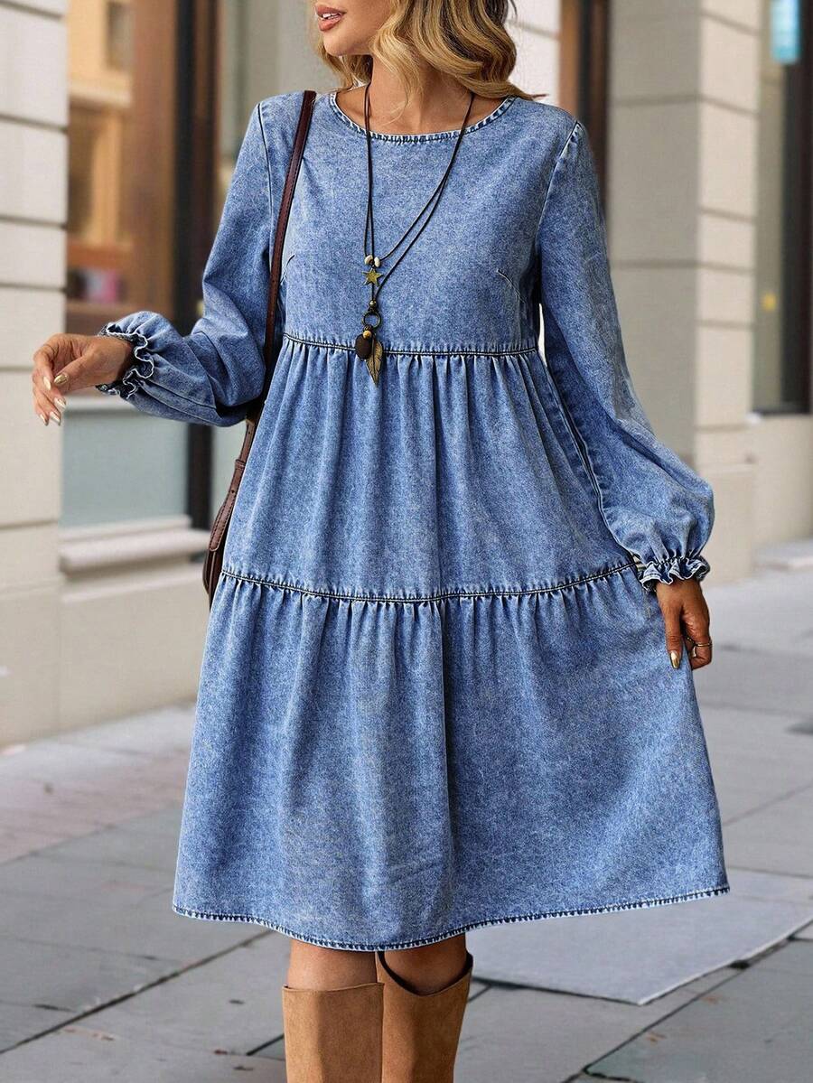 EMERY ROSE Women's Casual Everyday Commuting Ruffle Sleeve Waist Cinched Denim Dress, Spring/Autumn - Medium Wash - View 1