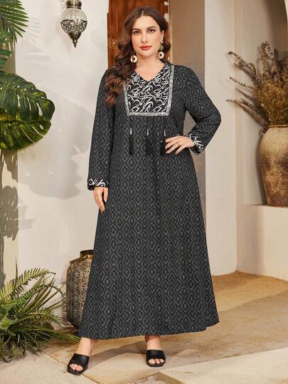 Al Najma Elegant V-Neck Floral Print Fringe Patchwork Plus Size Traditional Long Tunic Kaftan Jalabiya Dress