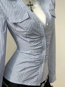 Elamini Spring Sexy Slim Fit Lapel Single-Breasted Striped Casual Blouse For Women - Blue - View 5