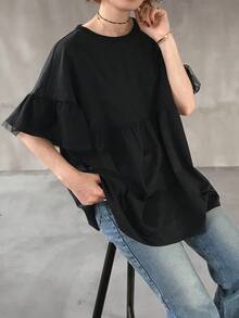 FRIFUL Women's Casual Contrast Mesh Ruffle Trim Short Sleeve T-Shirt, Summer - Black - View 3