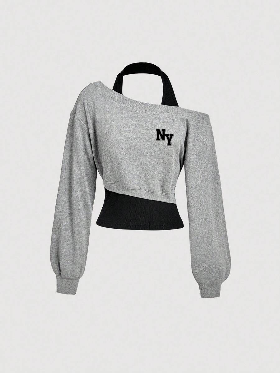 SHEIN MOD Women's Casual Sweatshirt, Color Block, Asymmetrical, NY Print, Suitable For Daily Wear - Multicolor - View 1