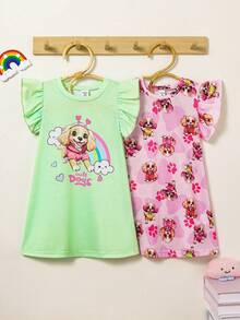 SHEIN 2件套女婴可爱狗狗印花荷叶边袖睡衣套装，夏季女婴家居服连衣裙度假睡衣上衣裤子T恤女婴服装女童夏季服装女婴服装春季婴儿睡衣假日旅行休闲夏季服装 - 彩色 - 查看 1