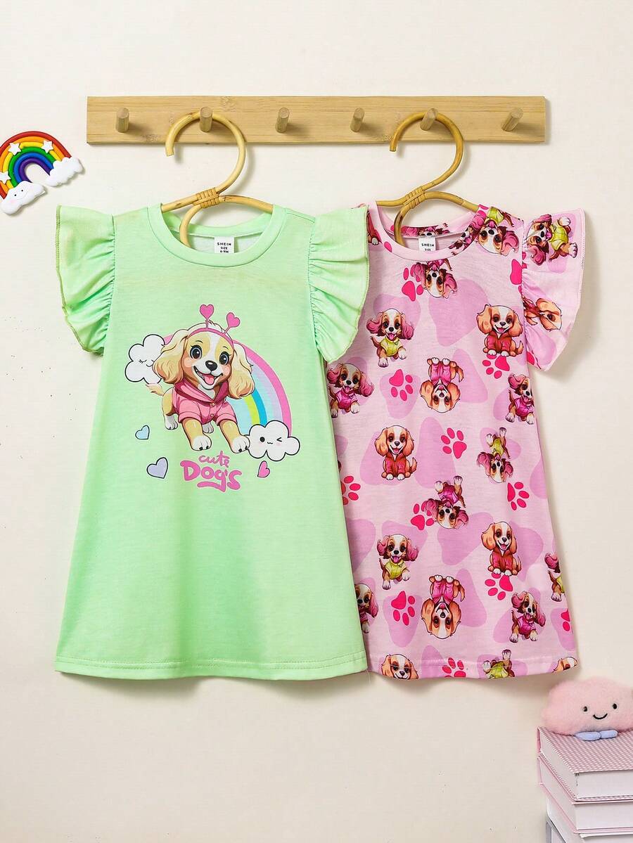 SHEIN 2件套女婴可爱狗狗印花荷叶边袖睡衣套装，夏季女婴家居服连衣裙度假睡衣上衣裤子T恤女婴服装女童夏季服装女婴服装春季婴儿睡衣假日旅行休闲夏季服装 - 彩色 - 查看 1