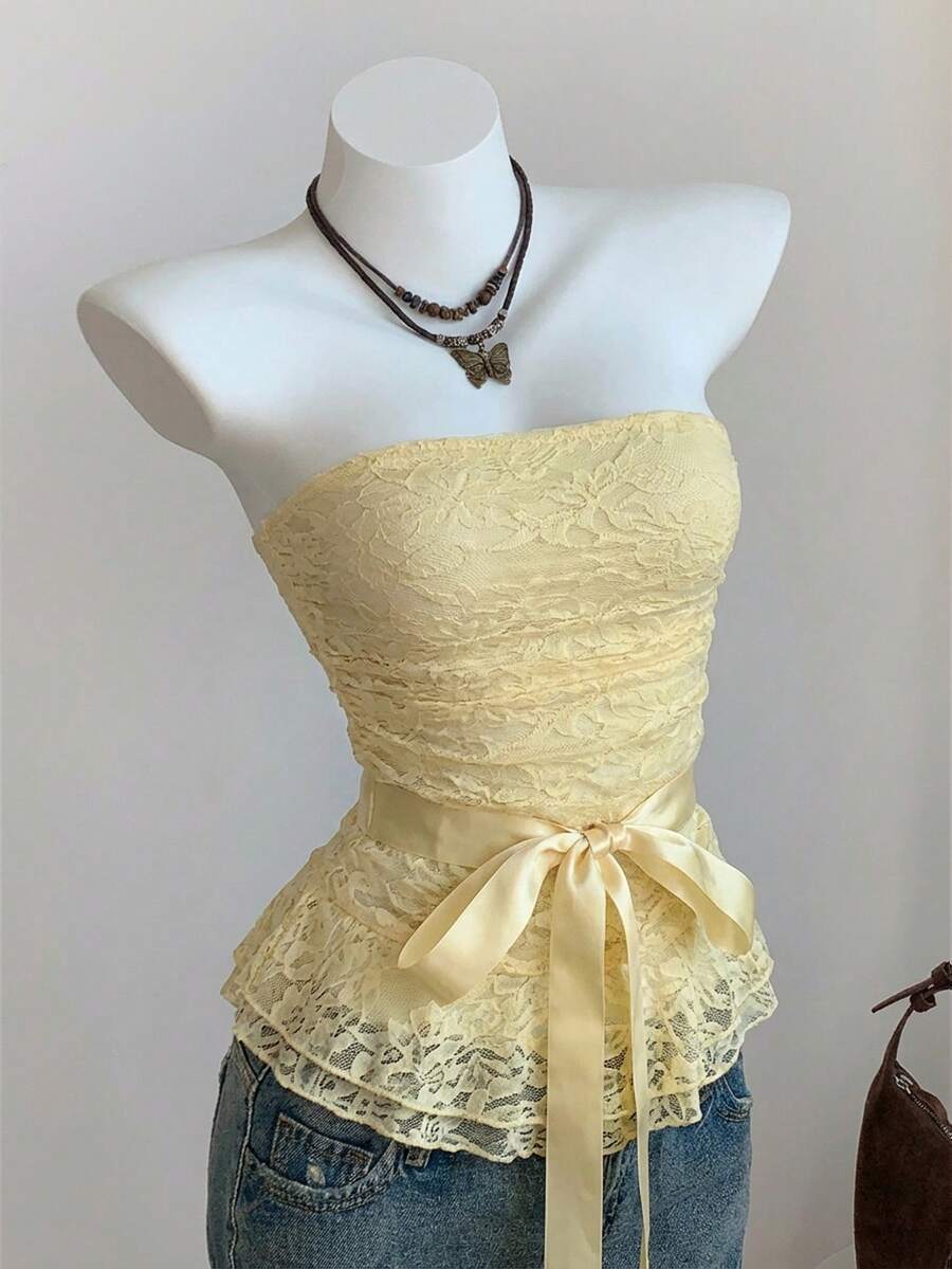 Comfortcana 女士Y2K风格打结蕾丝抹胸上衣，无肩带荷叶边露脐上衣，奶油黄 - 淡黃色 - 查看 1