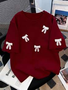 Resyla Plus Size Women Bow Decor Short Sleeve Round Neck T-Shirt - Burgundy - View 3