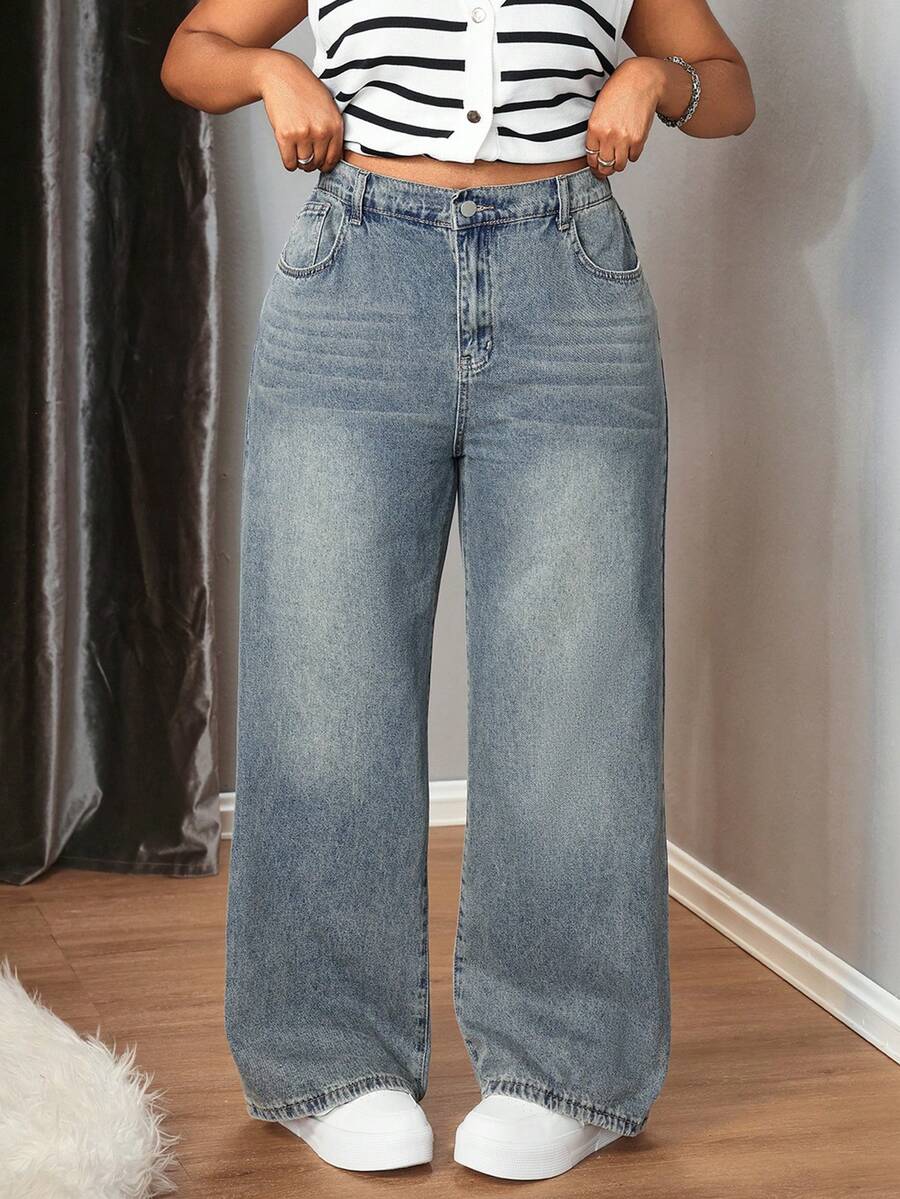 Truni Plus Size Y2k Loose Fit Street Style Sexy Washed Wide-Leg Jeans, Back To School, Teacher Fall Women Baggy Boyfriend Jeans, For Pear & Triangle Body Shape