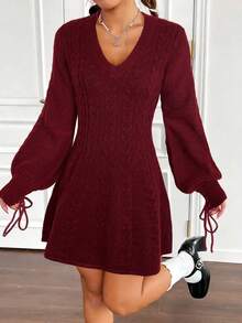 SHEIN EZwear Cable Knit Lantern Sleeve Sweater Dress In Fall/Winter - Burgundy - View 3