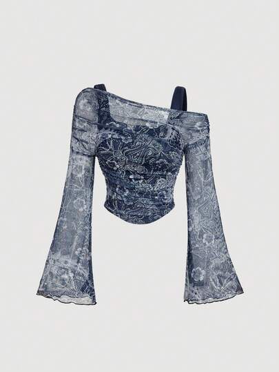 SHEIN MOD Asymmetric Shoulder Flare Sleeve Paisley Print Mesh T-Shirt