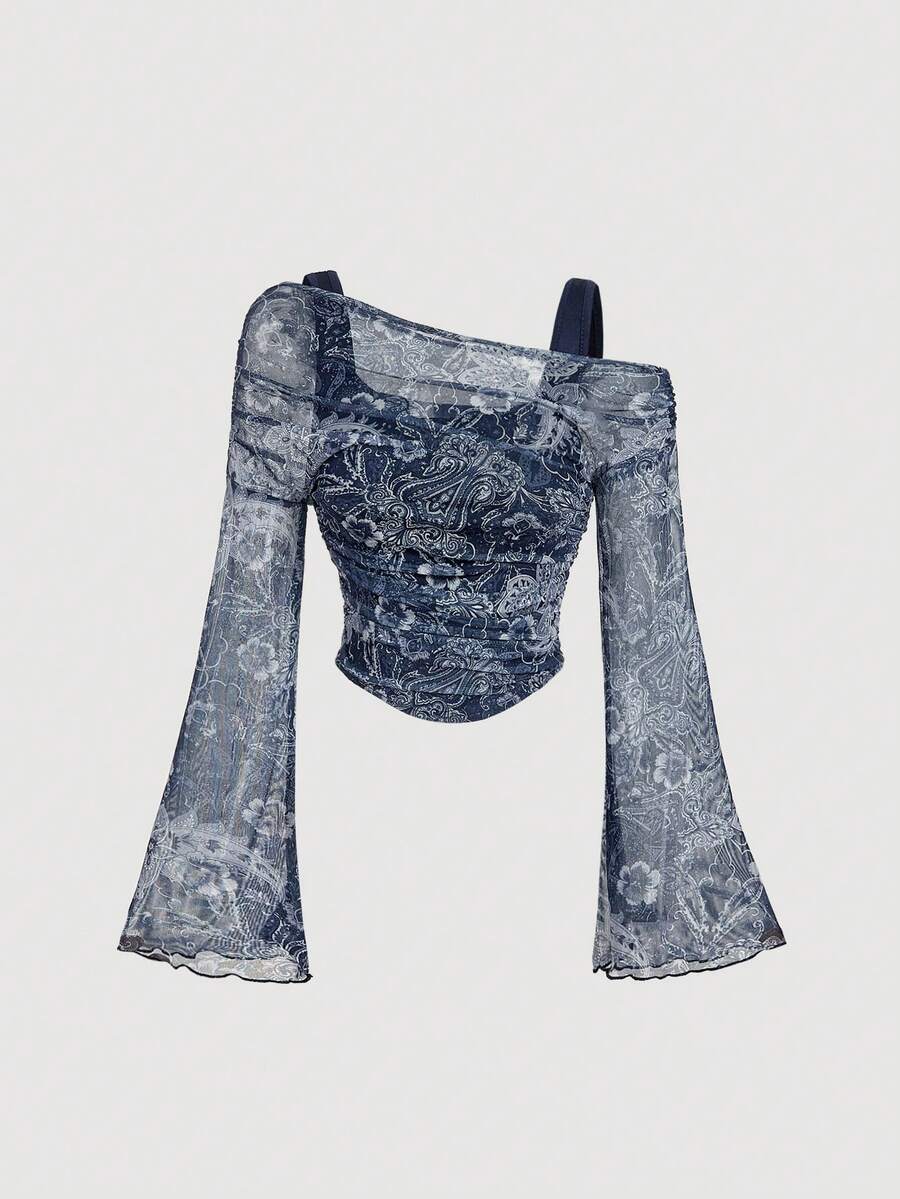SHEIN MOD Asymmetric Shoulder Flare Sleeve Paisley Print Mesh T-Shirt - Navy Blue - View 1