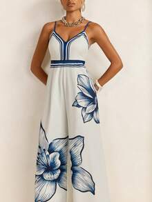 CAJUNI Macacão Alça Calça Wide Estampa Ocean