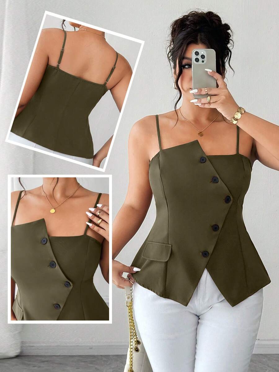 Elenzga Plus Size Casual Army Green Asymmetrical Button Front Woven Fabric Cami Top Regular Length Spaghetti Strap Tank Top - Army Green - View 1