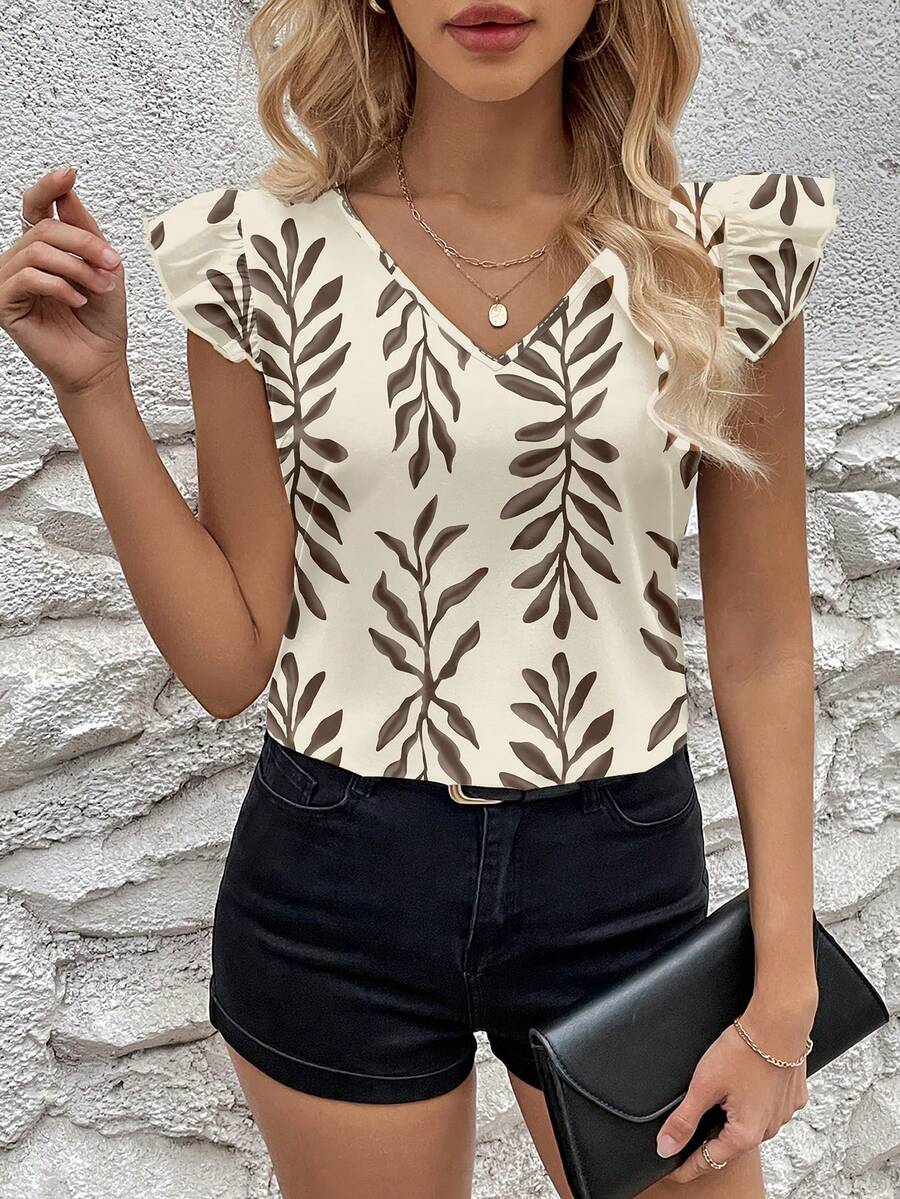 SHEIN Clasi Women's Casual Daily Ruffle V-Neck Allover Print Blouse, Summer - Multicolor - View 1