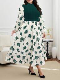 Modelyn Plus Size Women's Casual Vacation Floral Print Contrast Color Lantern Sleeve Waist Cinched Dress, Spring/Autumn