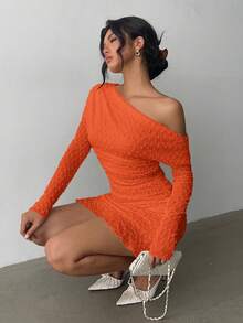 Aloruh Elegant Solid Color Slant Shoulder Dress, Casual & Party Wear - Orange - View 6