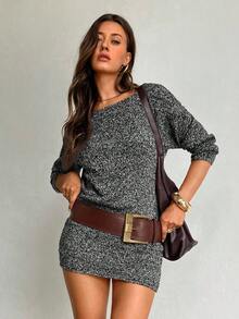 Aloruh Robe moulante mini à manches longues, col bateau, en tweed épais marron, élégante et décontractée, pour femmes, nouvelle collection automne/hiver - Noir et Blanc - Voir 4