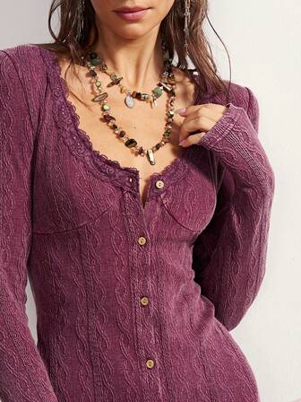 Bohemela Boho Autumn/Winter/Spring Outerwear, Women's Washed Purple Vintage Casual Solid Color Timeless Geometric Pattern Textured Cable Knitted V-Neck Long Sleeve Front Button Fitted  With Lace Detail Mini Dress For Women
