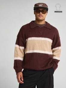 Musero Kemeja Polo Kancing Depan Lengan Panjang Oversize dengan Panel Kontras, Bahan Rajut Mohair, Perlengkapan Musim Semi/Panas - MultiWarna - View 1