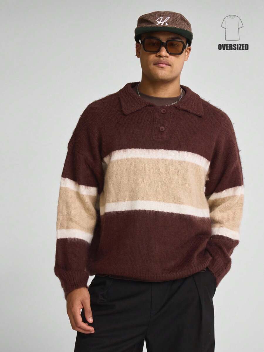 Musero Kemeja Polo Kancing Depan Lengan Panjang Oversize dengan Panel Kontras, Bahan Rajut Mohair, Perlengkapan Musim Semi/Panas - MultiWarna - View 1