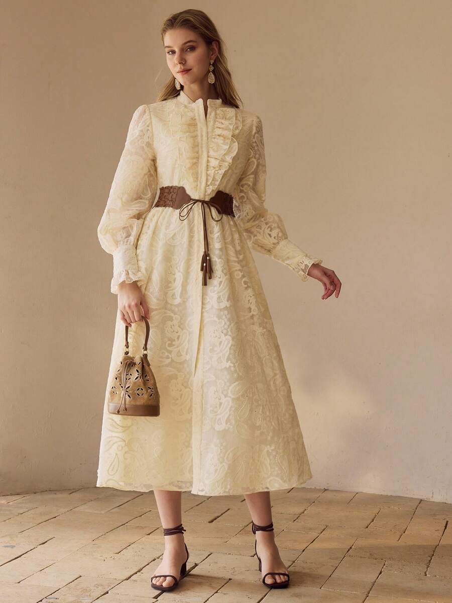 MOTF PREMIUM WOMEN'S RUFFLE TRIM BELTED DRESS - Apricot - View 2