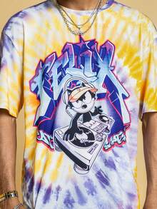 Felix The Cat X SHEIN Áo thun nam tay ngắn cổ tròn in hình mèo nhuộm màu tie-dye, kiểu dáng thường ngày, thích hợp cho mùa hè. - Nhiều màu - Xem 5