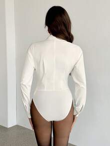 SHEIN Tall 女士纯色落肩长袖单排扣褶皱休闲连体衣 - 白色 - 查看 2