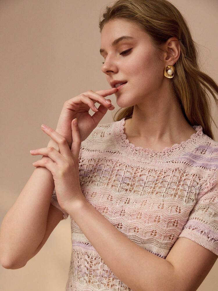 OMBRE HOLLOW-OUT KNIT WOMEN PINK SWEATER, SWEET SUMMER NEW ARRIVAL