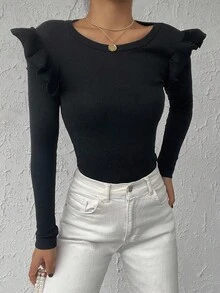 SHEIN Tall 高个子尺码 95% 棉 纯黑色 罗纹针织 荷叶边 休闲长袖T恤 - 黑色 - 查看 4