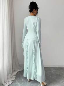 Modelyn 女士春季法式优雅纽扣装饰开衩下摆修身衬衫和荷叶边半裙两件套 - 藍色 - 查看 2