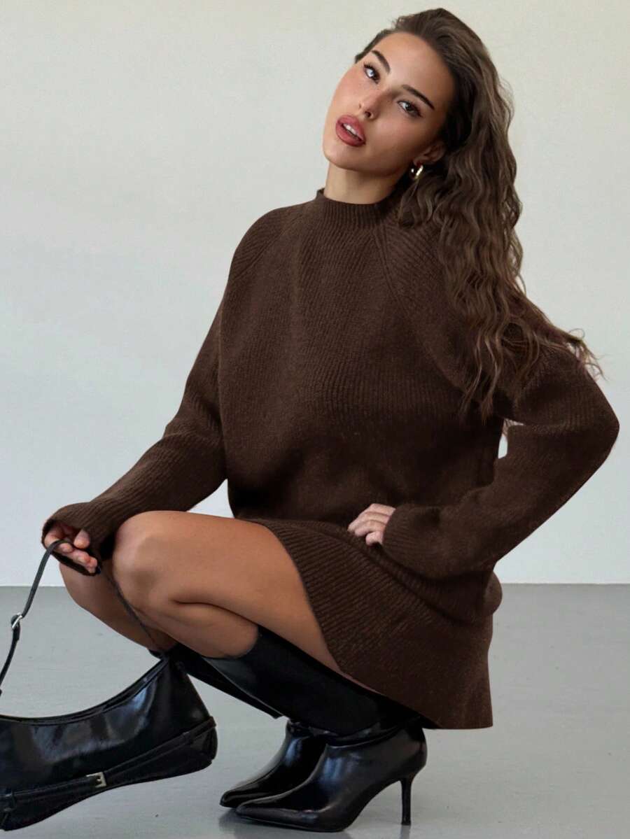 Aloruh Women's Stand Collar Raglan Sleeve Loose Pullover Sweater And Mini A-Line Skirt 2-Piece Set, Vintage Style Knit Outfit For Daily Wear - Coffee Brown - View 1