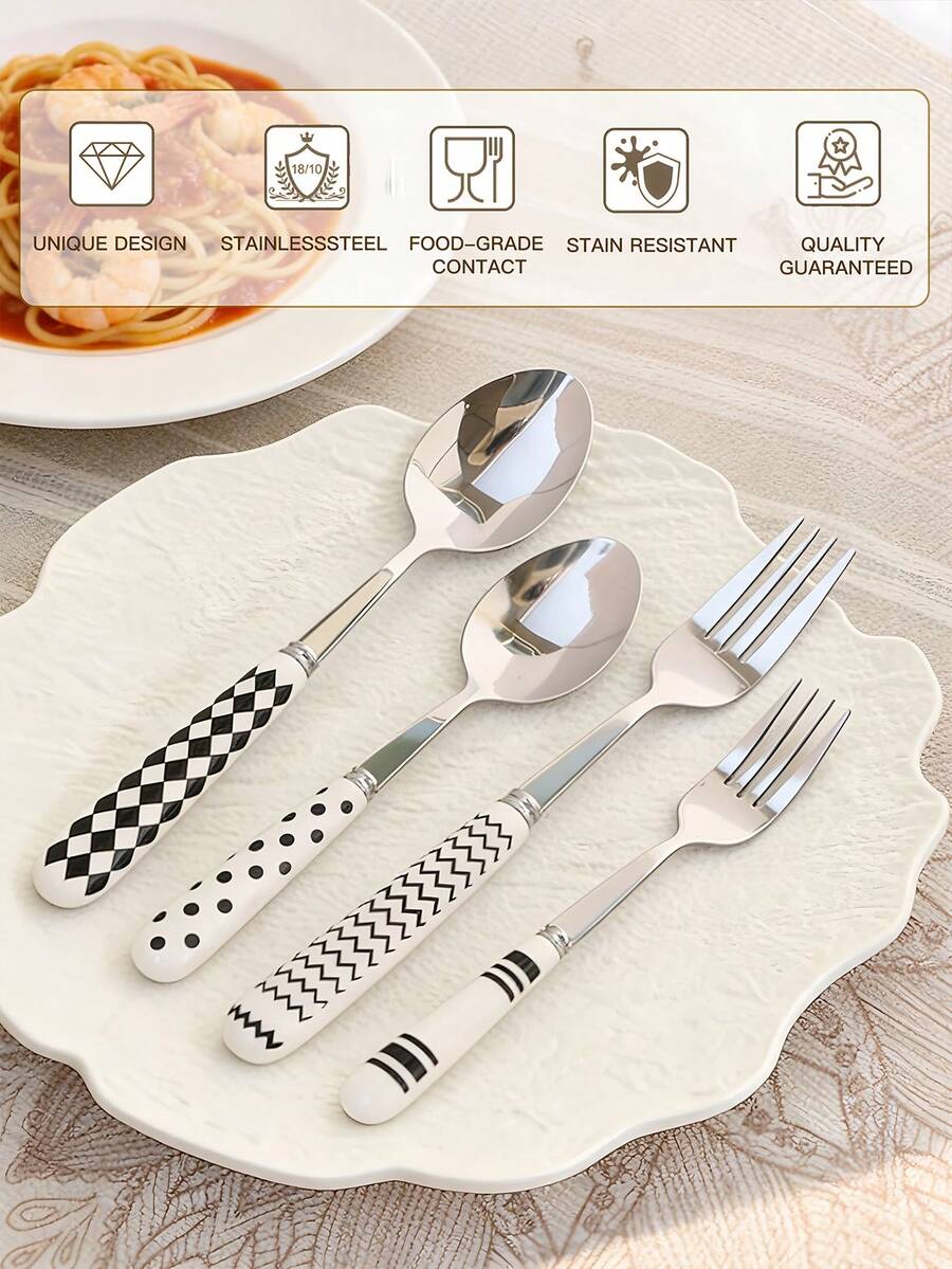 Zazumi 1/2 Stücke Besteck mit Keramikgriff, Edelstahl Besteck mit polierter Oberfläche, Keramikgriff Dessertlöffel, Dinner Gabel und Tafellöffel - kreative Küchenutensilien inklusive Gabel, Teelöffel und Suppenlöffel, ideal für den täglichen Gebrauch - Verschiedenfarbig - Übersicht 1