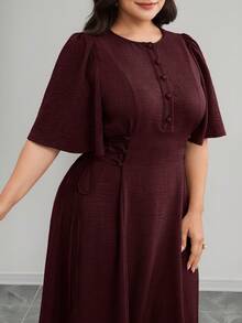 Modelyn Plus Size Women Solid Color Button Half Placket Ruffle Sleeve Waist Tie Elegant Dress - Burgundy - View 3
