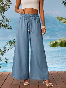 Travachic Quần jeans nữ dáng rộng, màu trơn, cạp chun, ống rộng, kiểu dáng thường ngày. - Rửa nhẹ - Xem 2