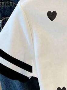 Teen Girl Heart Love Print Graphic Loose Casual Contrast Block Color Round Neck T-Shirt Suitable For Summer, Everyday Wear, Back To School,Vacation,Valentine's Day Lover Girl Shirt Cute T Shirt Teen Heart Shirt Kawaii Shirt