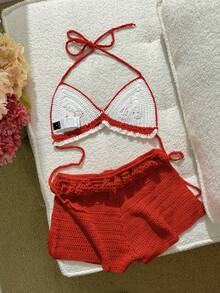 Swim Mod Women's 2pcs Cherry Pattern Halter Neck Sleeveless Red And White Coverup Set, Summer,Sweet,Cute,White Top,Spring Break Outfits - Red - View 2