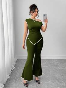 Elenzga 大码女装时尚经典撞色休闲百搭优雅街头风约会晚宴修身不对称肩部不对称下摆上衣和喇叭裤两件套 - 軍綠色 - 查看 3