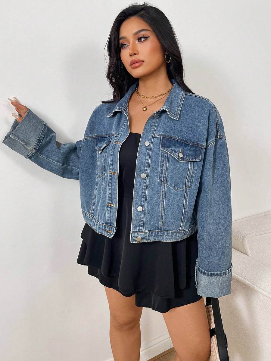 Sunnyshic Plus Size Casual Retro Loose Denim Jacket - Blue - View 1