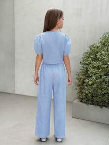 Firerie Kids Firerie Kids Tween Girl Spring/Summer New Casual Vacation Fashion Blue & White Striped Round Neck Puff Sleeve Top And Pants Set - Blue and White - View 2