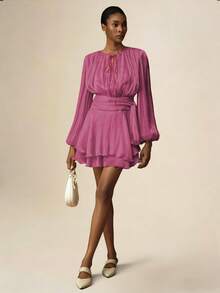 Vesra 杏色系带长袖荷叶边下摆设计女式短款连衣裙 - 中紫紅色 - 查看 4