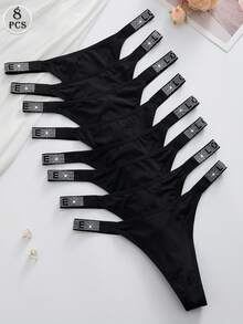 SHEIN 8件套奢华水钻装饰女士舒适丁字裤套装 - 黑色 - 查看 3