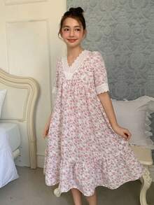 DAZY Tween Girls Floral Ruffle Trim Waist V-Neck Nightgown Loungewear Spring - Pink - View 2