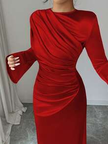 Rafferiza 优雅修身连衣裙，正面褶裥设计，缎面针织喇叭袖，浅粉色，适合派对或日常穿着，秋冬季款。 - 紅色 - 查看 4