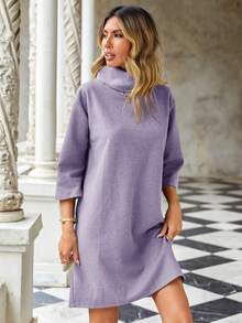 EURMUSE Women's Solid Color High Neck Drop Shoulder Sweater Dress - Lilac Purple - View 4
