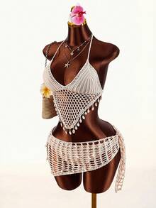 Amplova Set de 3 piezas: Vestido mini envolvente de crochet con escote halter y espalda descubierta - Albaricoque - Ver 9