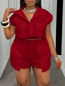 Slaydiva 复活节/西部/海滩/波西米亚/百搭日常休闲基本款优雅大码女式纯色口袋衬衫短裤套装两件套女式短款两件套夏季 - 紅色 - 查看 7