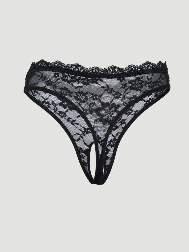 MISSGUIDED Delicate Floral Lace Crotchless Panties With Scalloped Edge Trim And Sheer Mesh Panel Design For Intimate Occasions