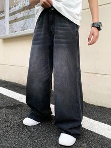Moda adolescente masculina, casual, vintage, descolada, streetwear, para a volta às aulas e faculdade. Calça jeans preta, básica, simples e confortável, com forro de lã para aquecer. Calça jeans folgada, macia, ideal para o dia a dia, inverno e outono, perfeita para festivais rave e streetwear. Calça jeans cinza, larga e preta. - Preto - Ver 3