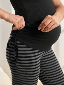 SHEIN Maternity Striped Print Casual Pants - Dark Grey - View 5