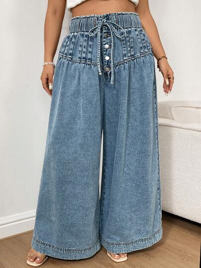 Sunnyshic Plus Size Women High Waist Slimming Loose Denim Wide Leg Pants